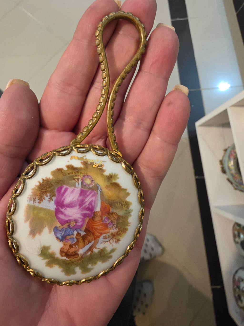 Vintage Limoges France "La Reine" 2-Piece Vanity Set – Miniature Courting Couple Plate & Brass Filigree Hand Mirror