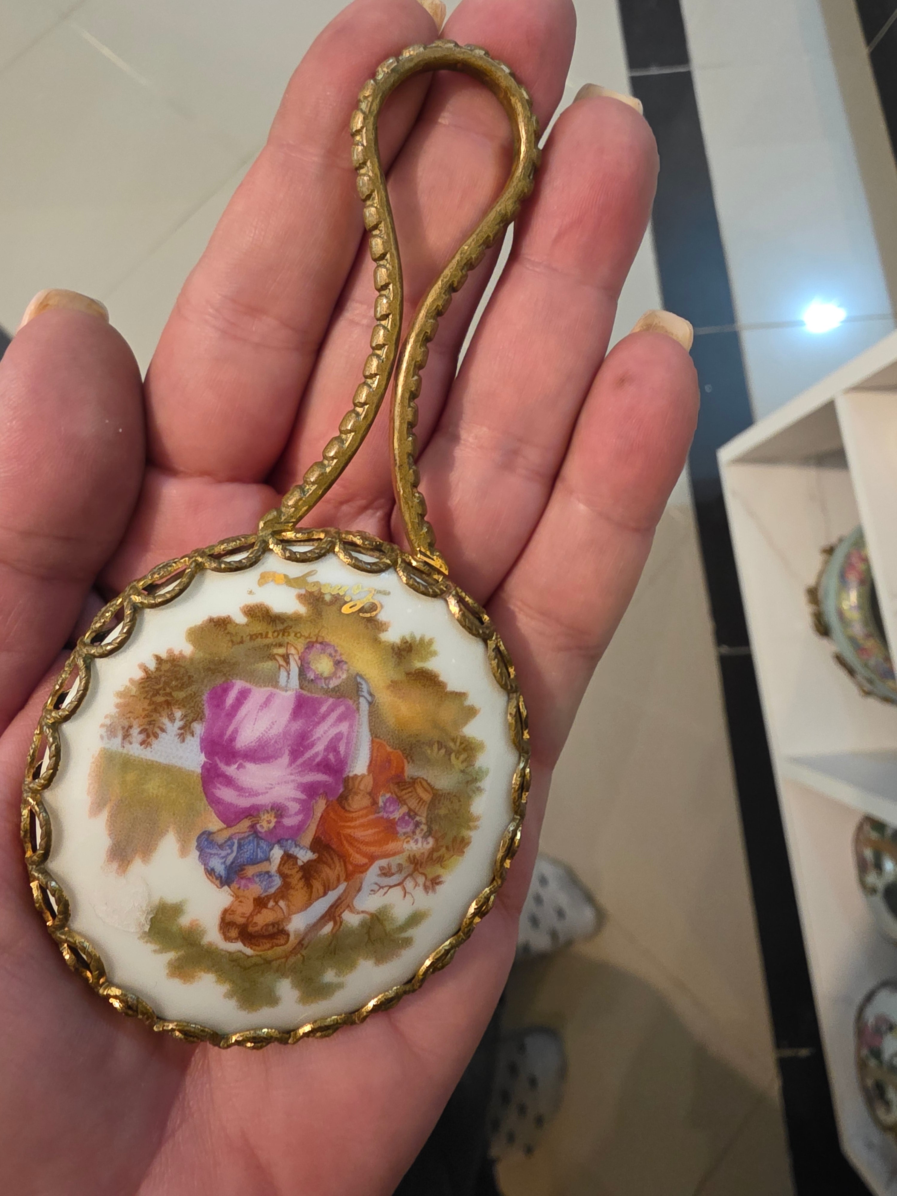 Vintage Limoges France "La Reine" 2-Piece Vanity Set – Miniature Courting Couple Plate & Brass Filigree Hand Mirror
