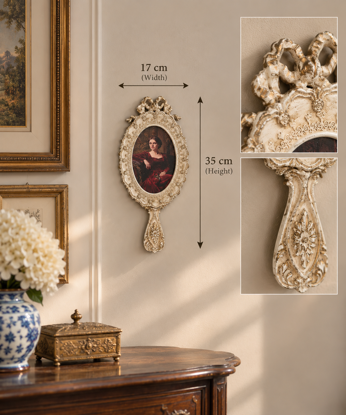 Vintage Hand-Mirror Style Portrait Ivory Wall Art