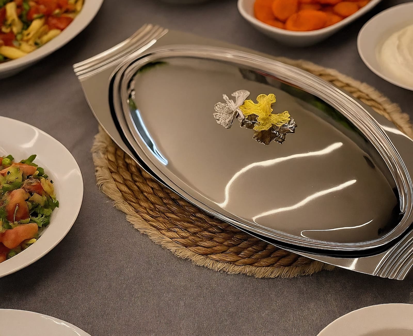 Pure stainless steel serving dish.