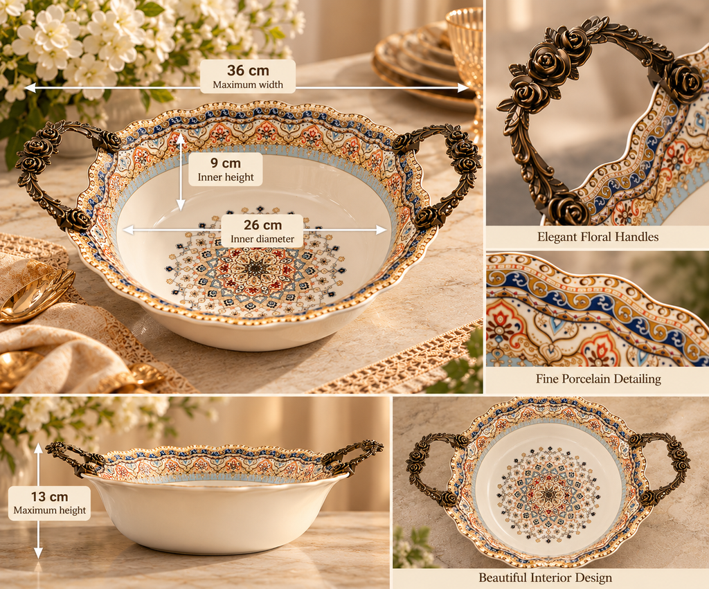 The Imperial Royale – Ornate Porcelain Serving Bowl with Sculpted Rose Handles