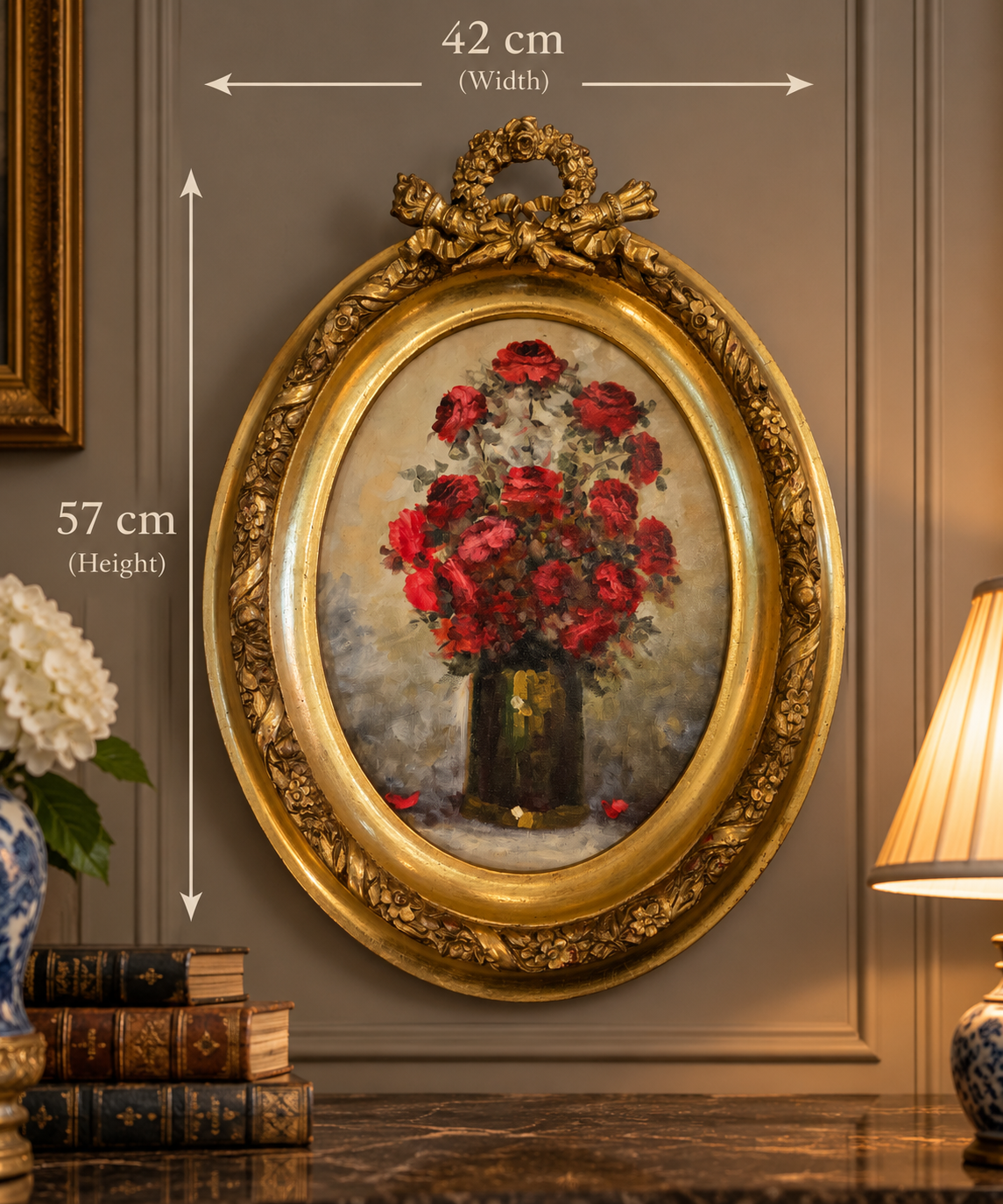 Vintage Red Roses Oil Painting in Ornate Gilt Wood Frame