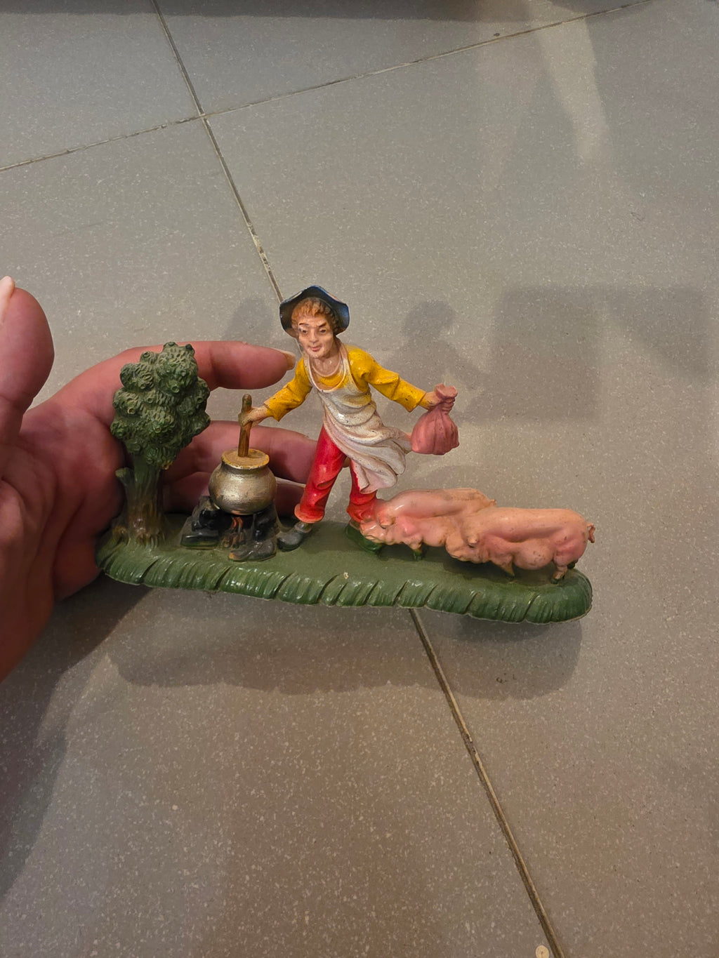 Vintage Made in Italy 7500 Unbreakable Plastic Swineherd with Pigs Sculpture