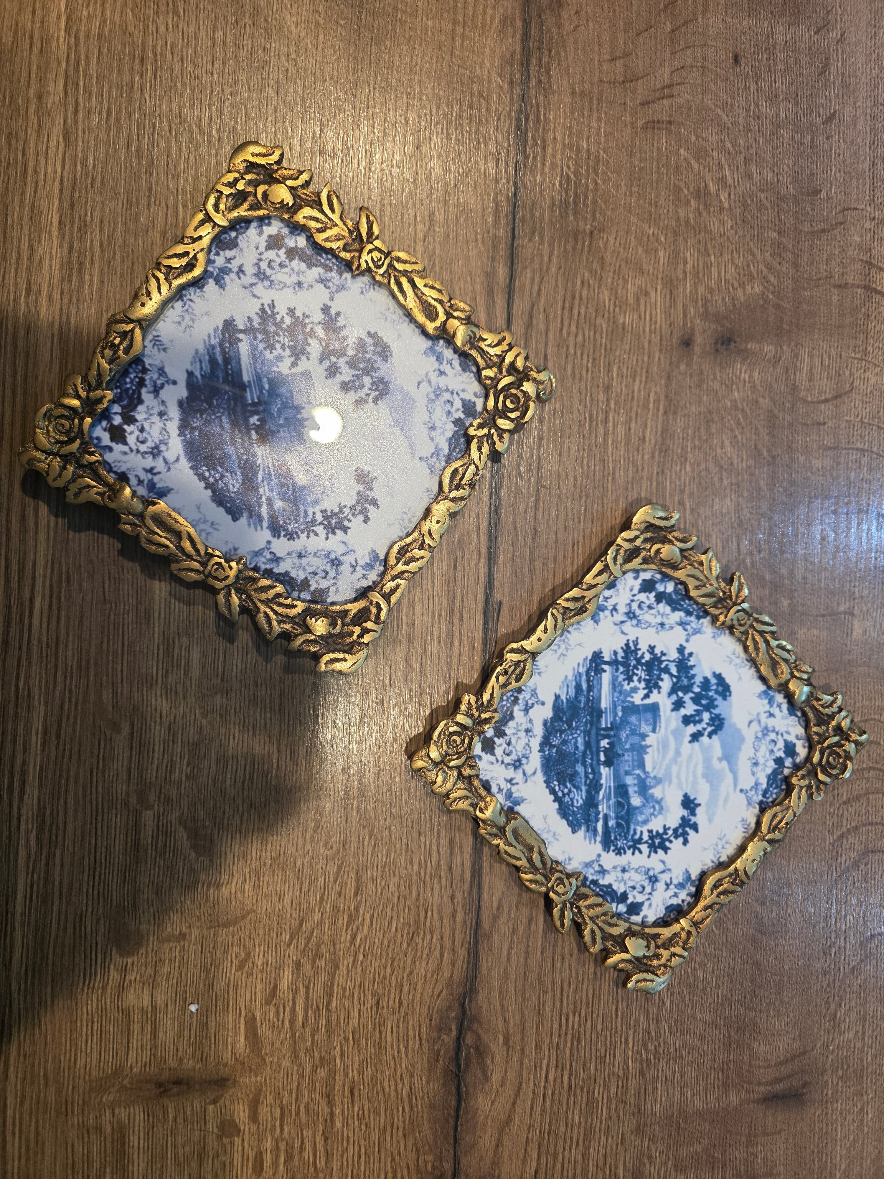 Vintage Blue & White Porcelain Plaques in Ornate Copper Frames (Set of 2)