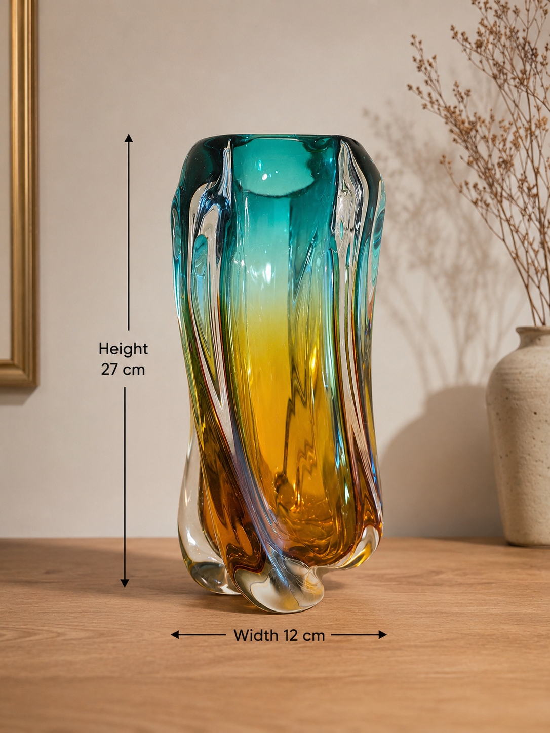 Murano Teal & Amber Art Glass Vase – 27 cm