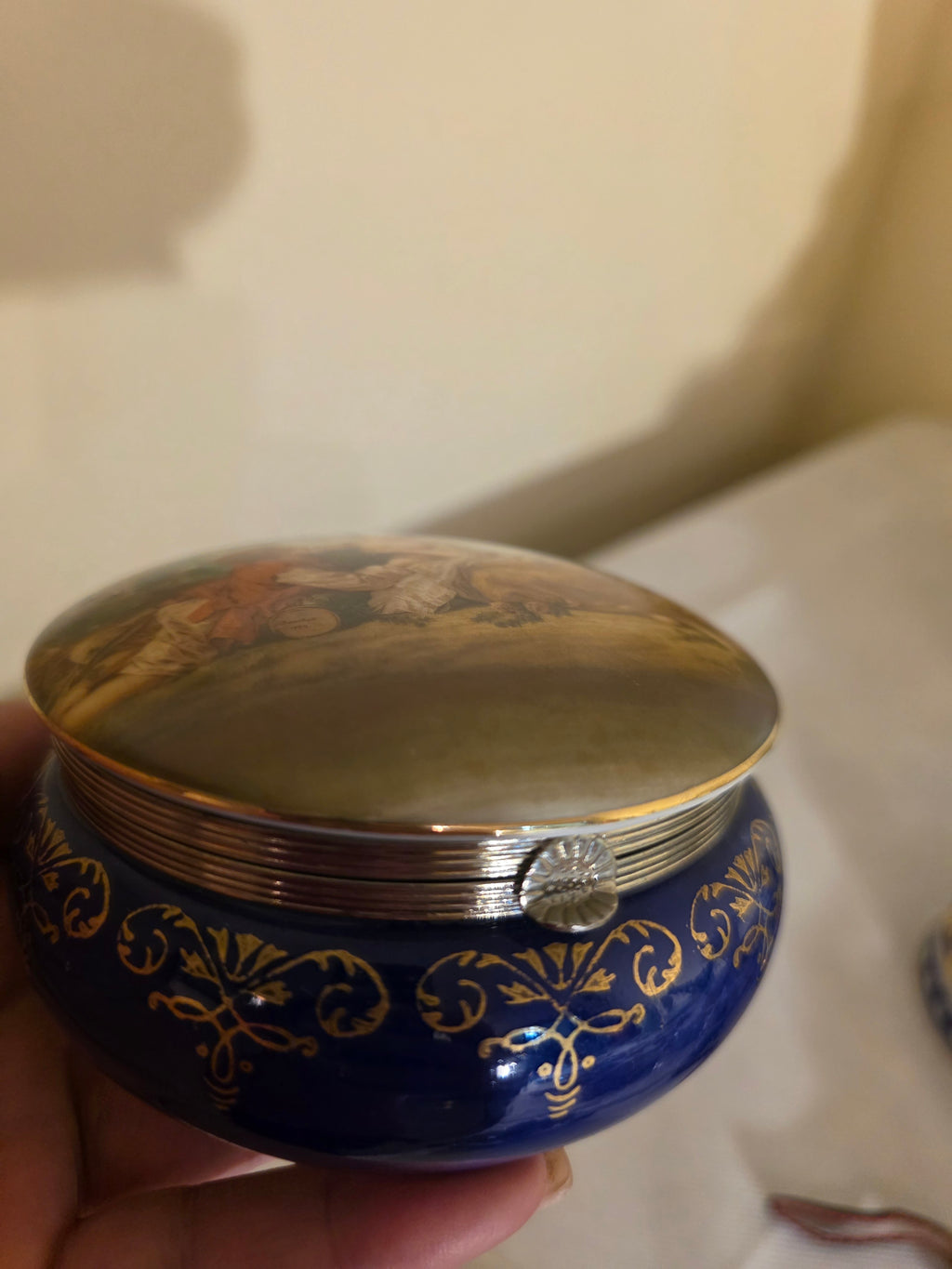 Vintage Cobalt Blue Porcelain Trinket Box – François Boucher Rococo Scene No. 9260
