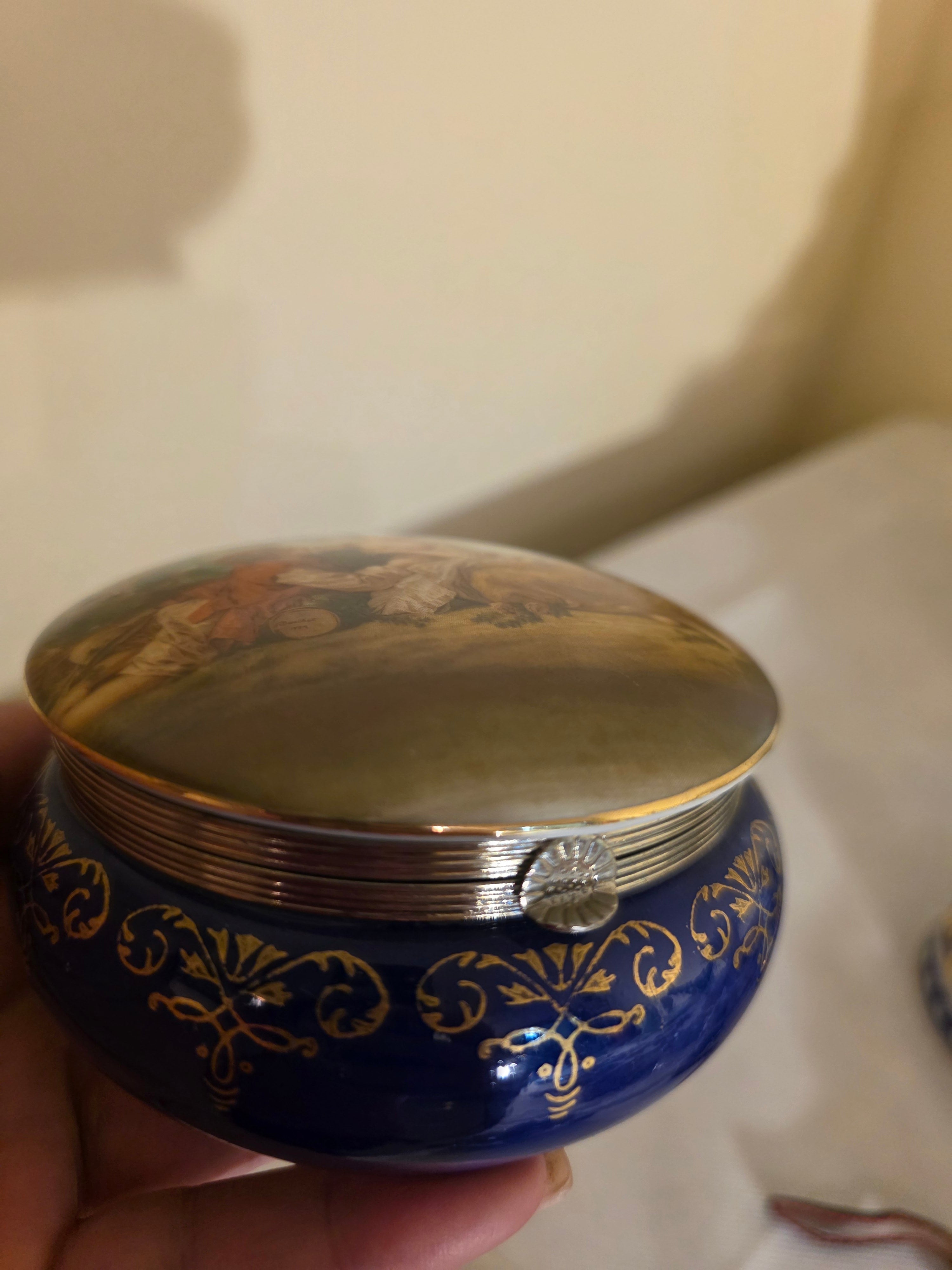 Vintage Cobalt Blue Porcelain Trinket Box – François Boucher Rococo Scene No. 9260