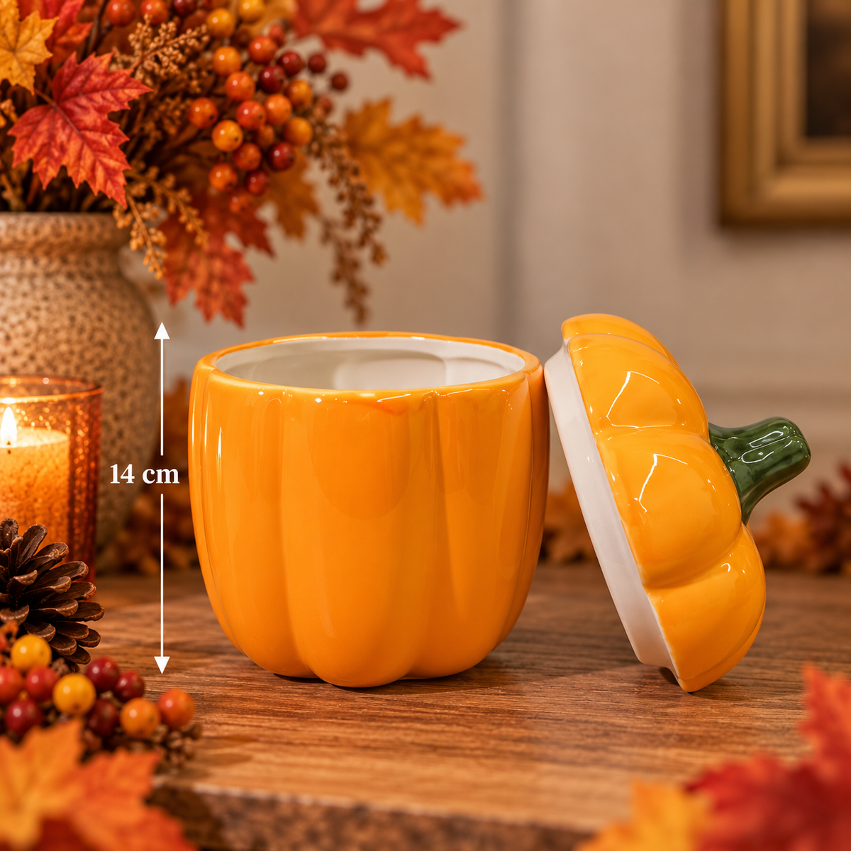Pumpkin-Shaped Ceramic Storage Jar with Lid – 14 cm