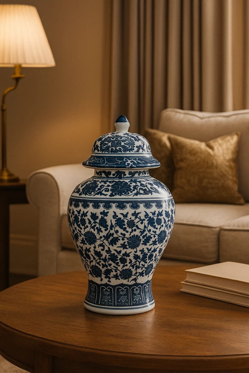 A classic Blue blanc porcelain lidded jar with an intricate floral motif.