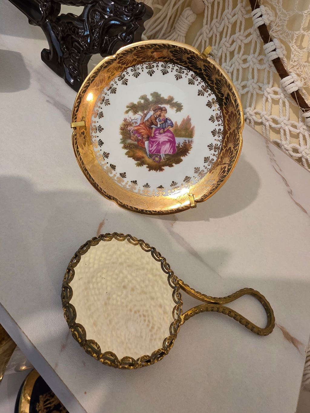 Vintage Limoges France "La Reine" 2-Piece Vanity Set – Miniature Courting Couple Plate & Brass Filigree Hand Mirror