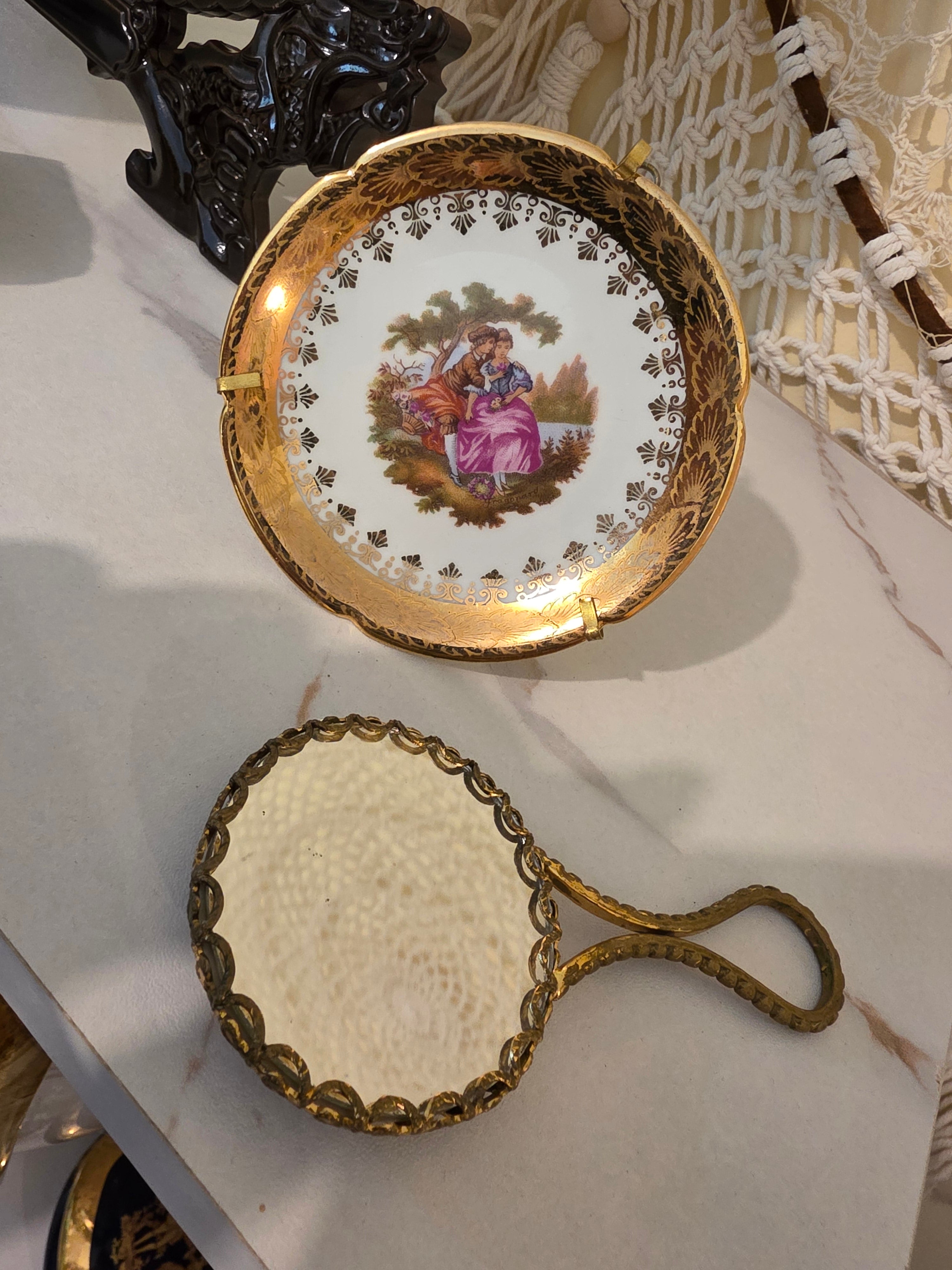 Vintage Limoges France "La Reine" 2-Piece Vanity Set – Miniature Courting Couple Plate & Brass Filigree Hand Mirror