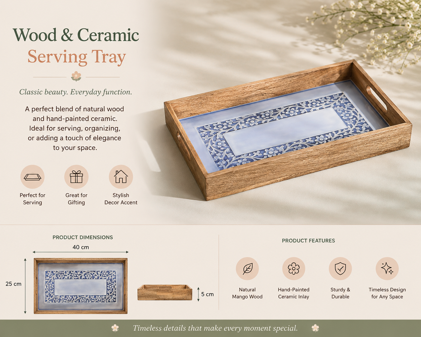 Lavender & White Ceramic Inlay Wooden Serving Tray – 40 × 25 cm