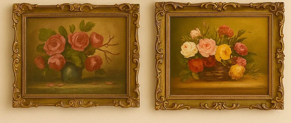 Set of 2 oil floral still-life paintings
Matching ornate gold frames wi...
