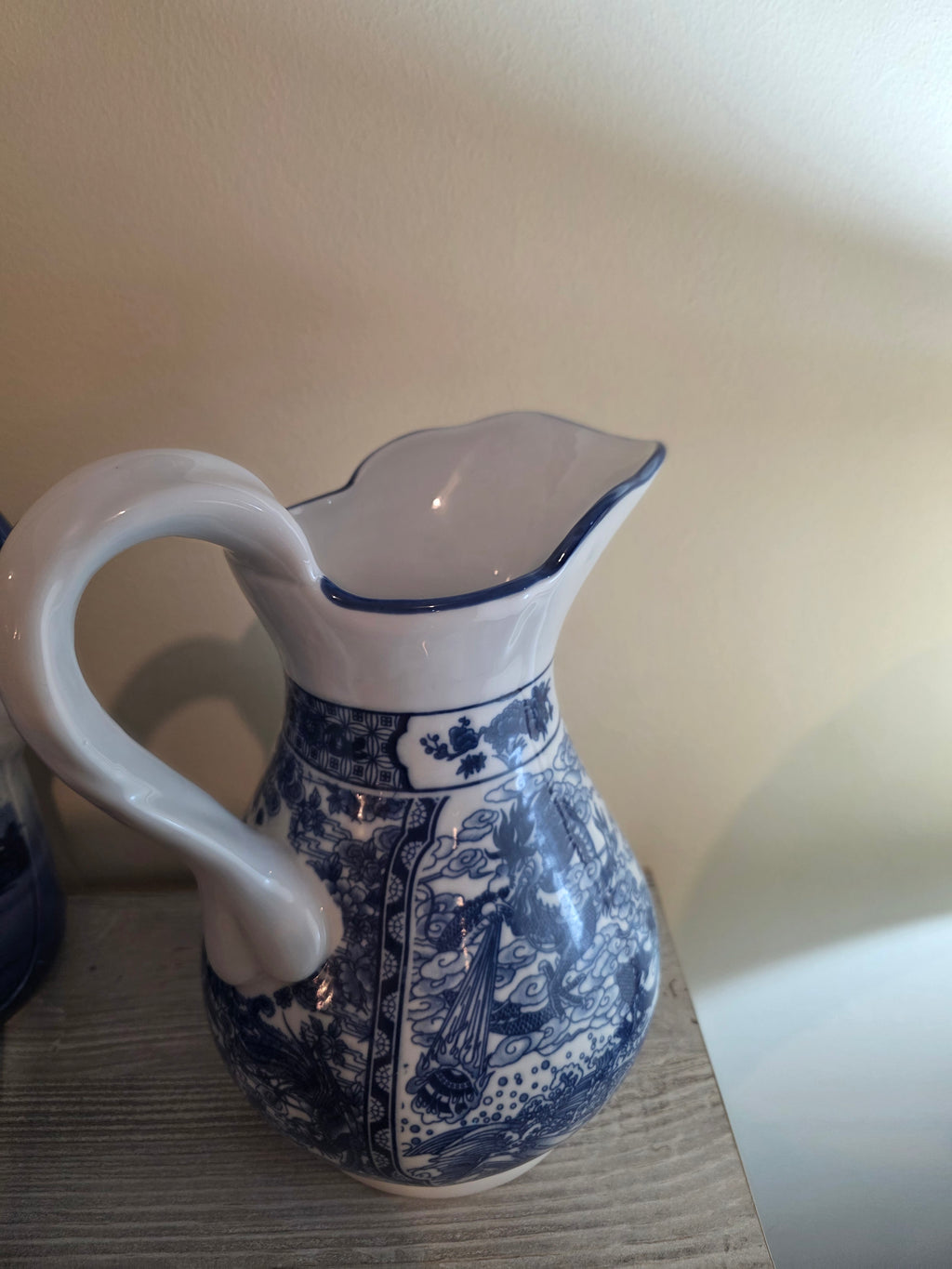Vintage Chinoiserie Ceramic Water Jug Centerpiece – Blue & White Winged Dragon Motif with Scalloped Spout
