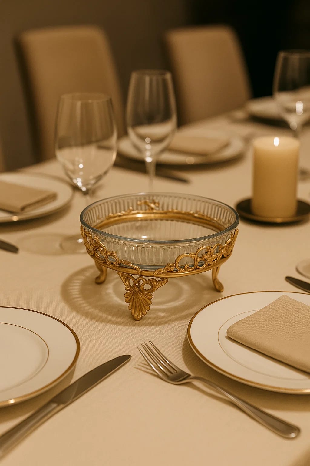 Ribbed Glass Serving Bowl with Copper Vine Stand