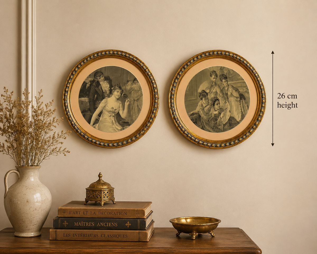Vintage Round Framed Victorian Prints – Set of 2