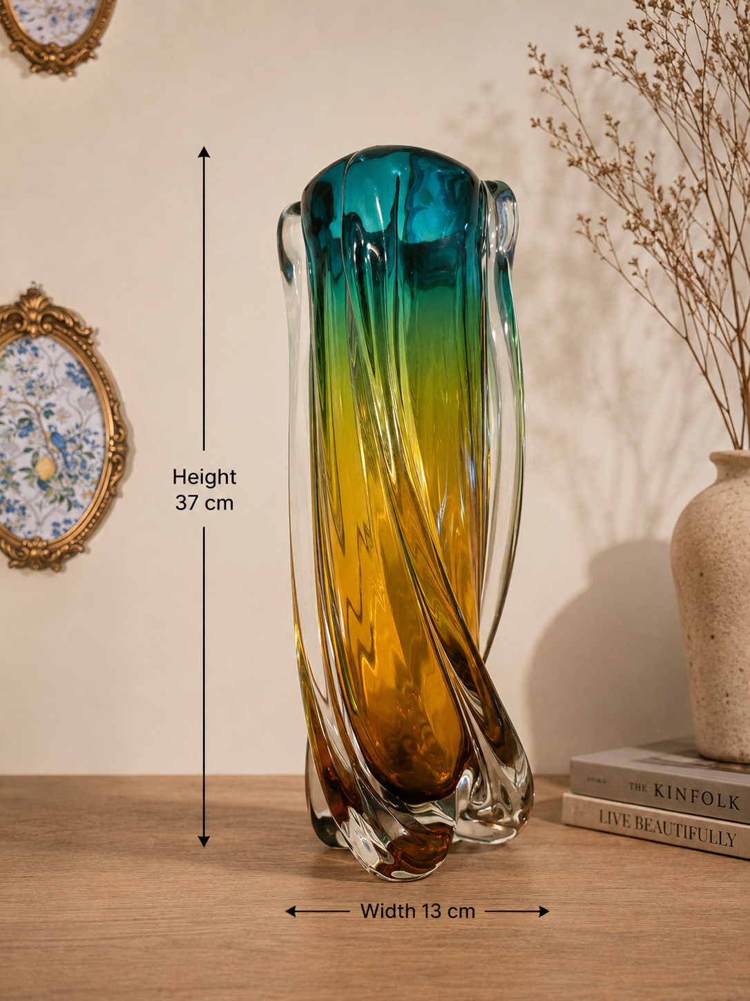Murano Teal & Amber Tall Art Glass Vase – 37 cm