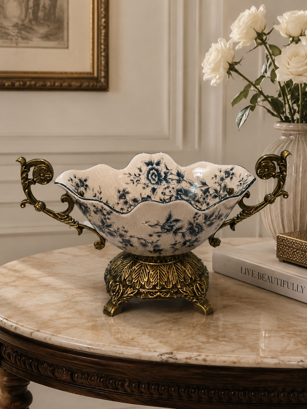 Vintage Crackle Porcelain Centerpiece with Ornate Metal Handles & Base
