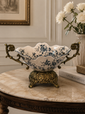 Vintage Crackle Porcelain Centerpiece with Ornate Metal Handles & Base