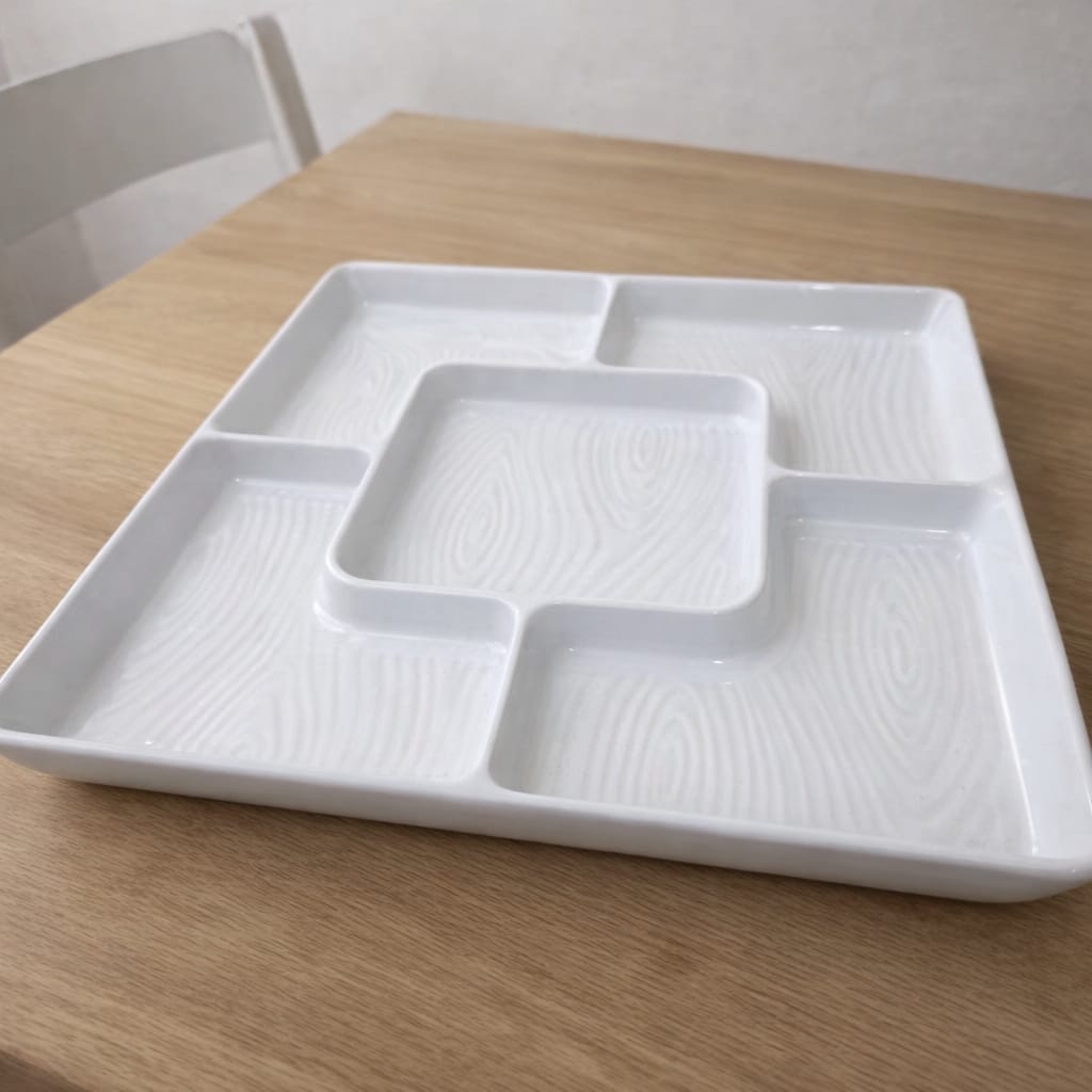 Divided White Tray — four-compartment ceramic serving tray