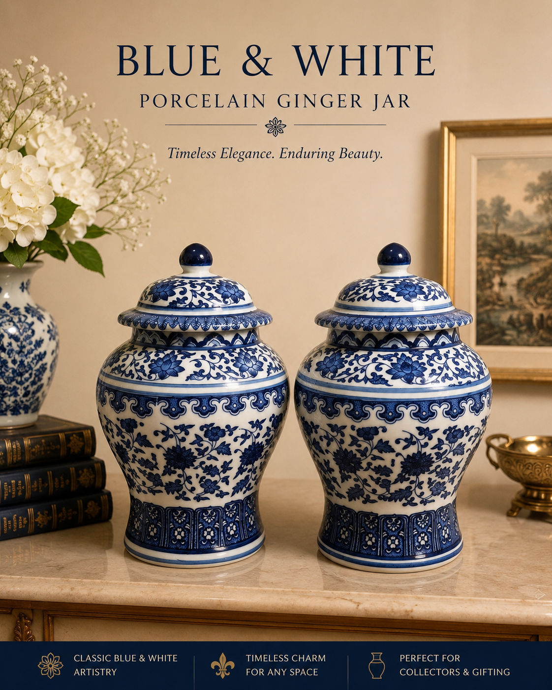 Bleu Blanc Ginger Jar Pair