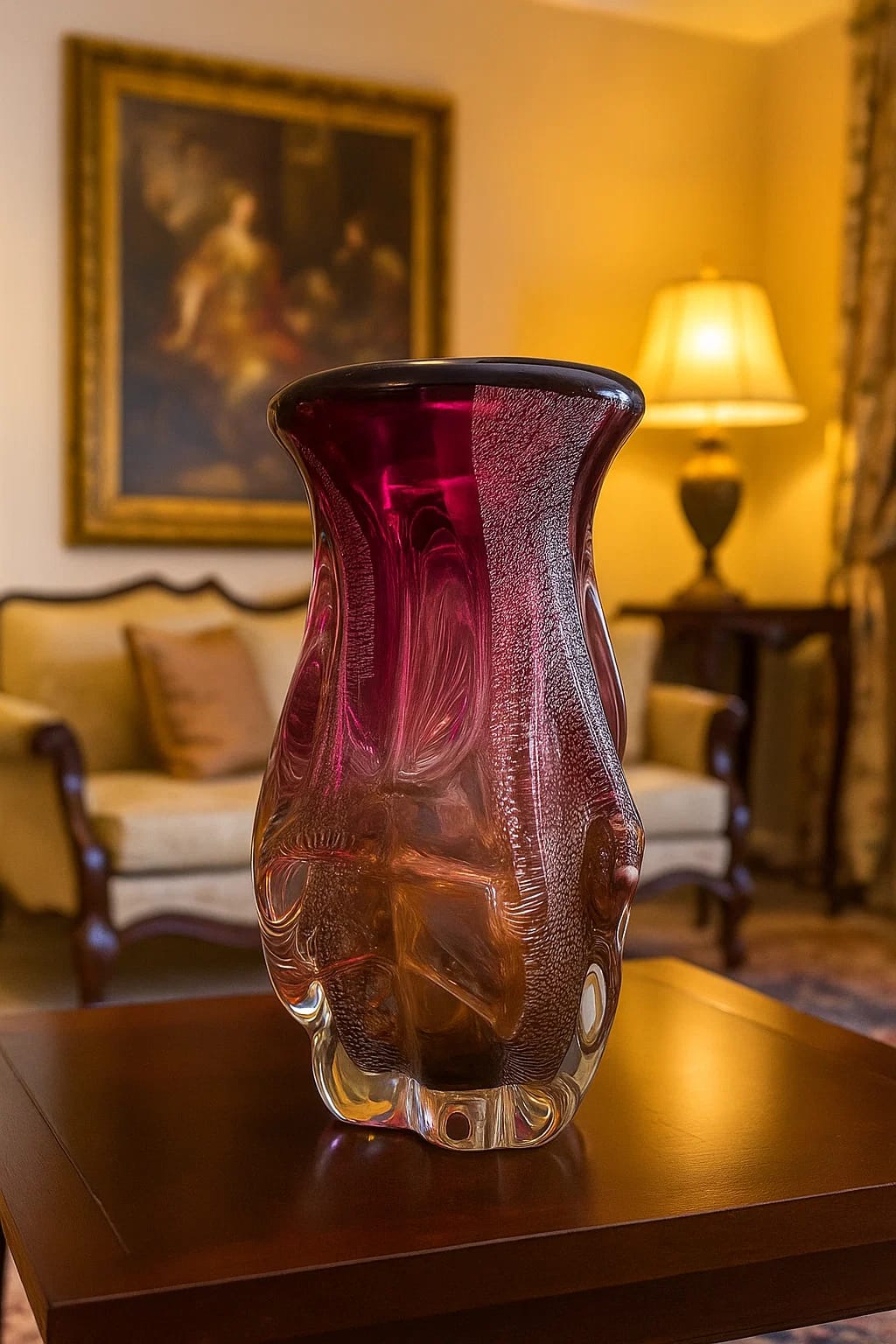 Authentic Murano glass vase in rich amethyst with sculpted ribbing and a clear base.
