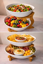 Tiered Ceramic Serving Bowls with Wooden Stand