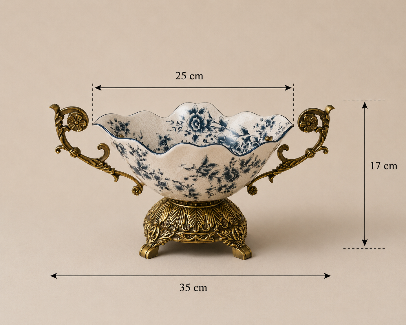 Vintage Crackle Porcelain Centerpiece with Ornate Metal Handles & Base