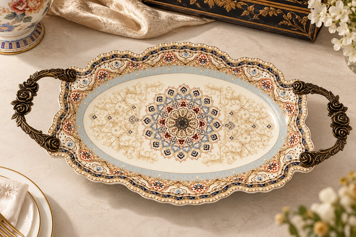 The Imperial Royale – Majestic Porcelain Serving Tray with Ornate Rose Handles