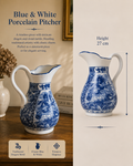 Vintage Chinoiserie Ceramic Water Jug Centerpiece – Blue & White Winged Dragon Motif with Scalloped Spout