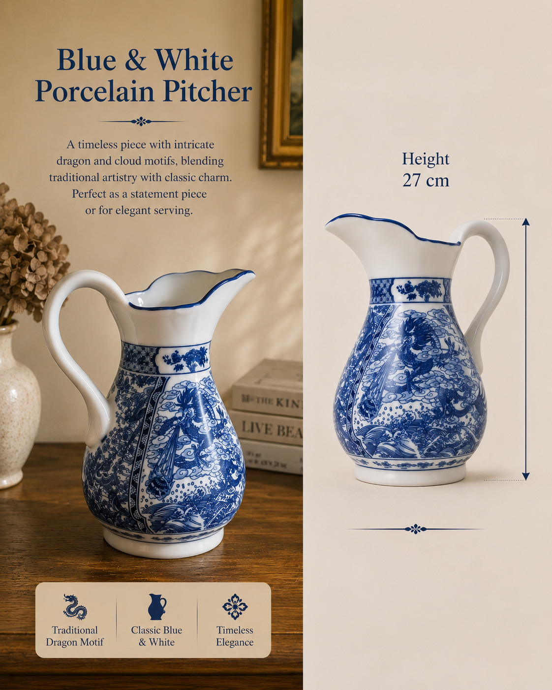 Vintage Chinoiserie Ceramic Water Jug Centerpiece – Blue & White Winged Dragon Motif with Scalloped Spout