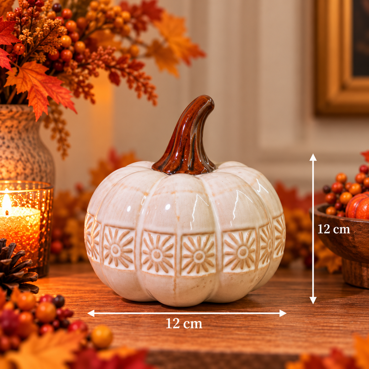 Ivory Ceramic Pumpkin with Embossed Floral Band