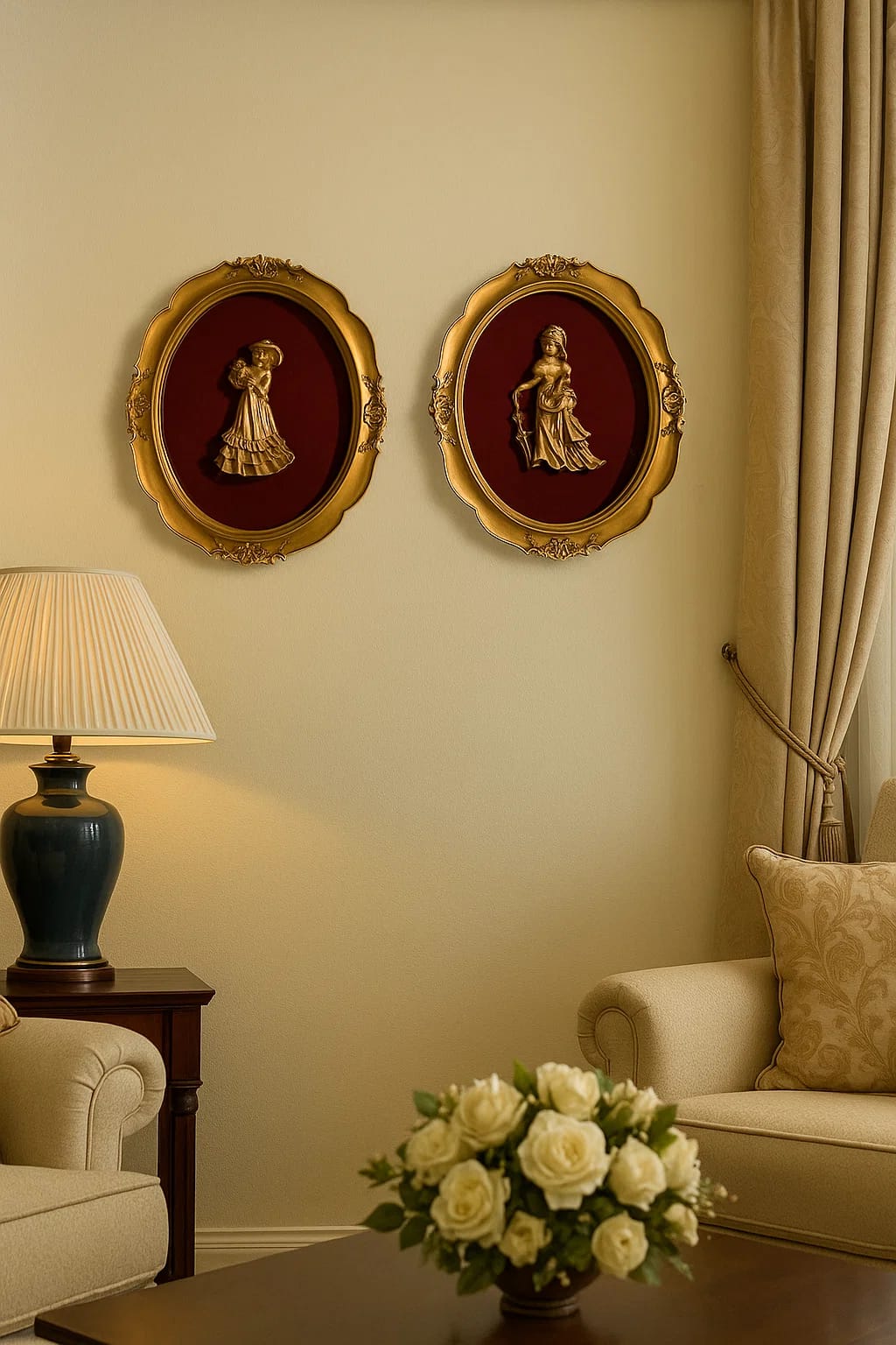Gilded Oval Wall Plaques with Relief Figures — Set of 2