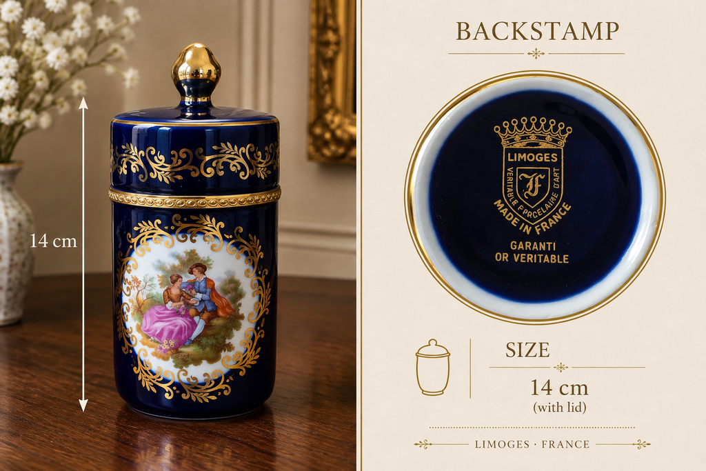 Vintage Limoges France Cobalt Blue & Real Gold Lidded Porcelain Jar - Fragonard Scene