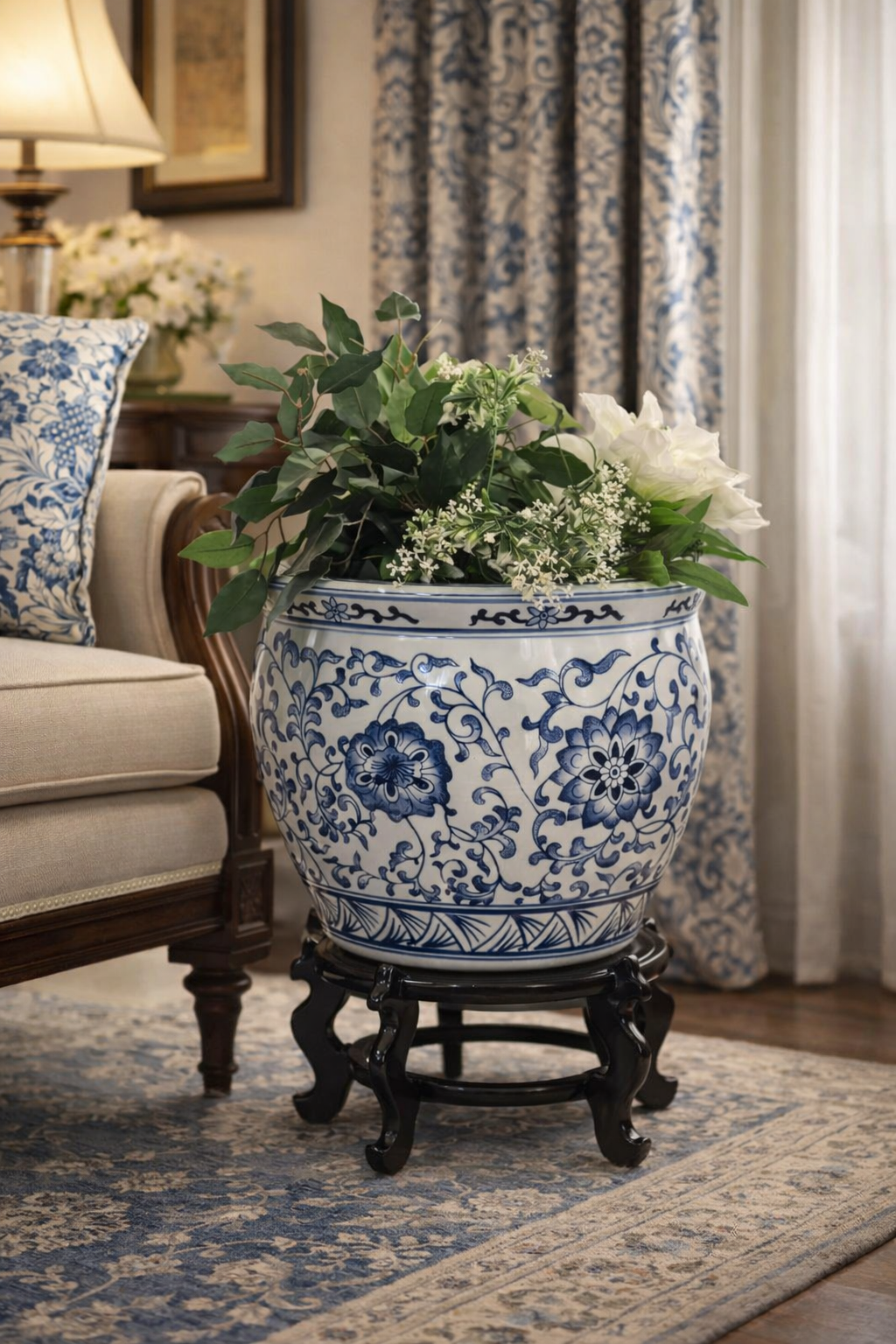Blue & White Porcelain Planter with Wooden Stand