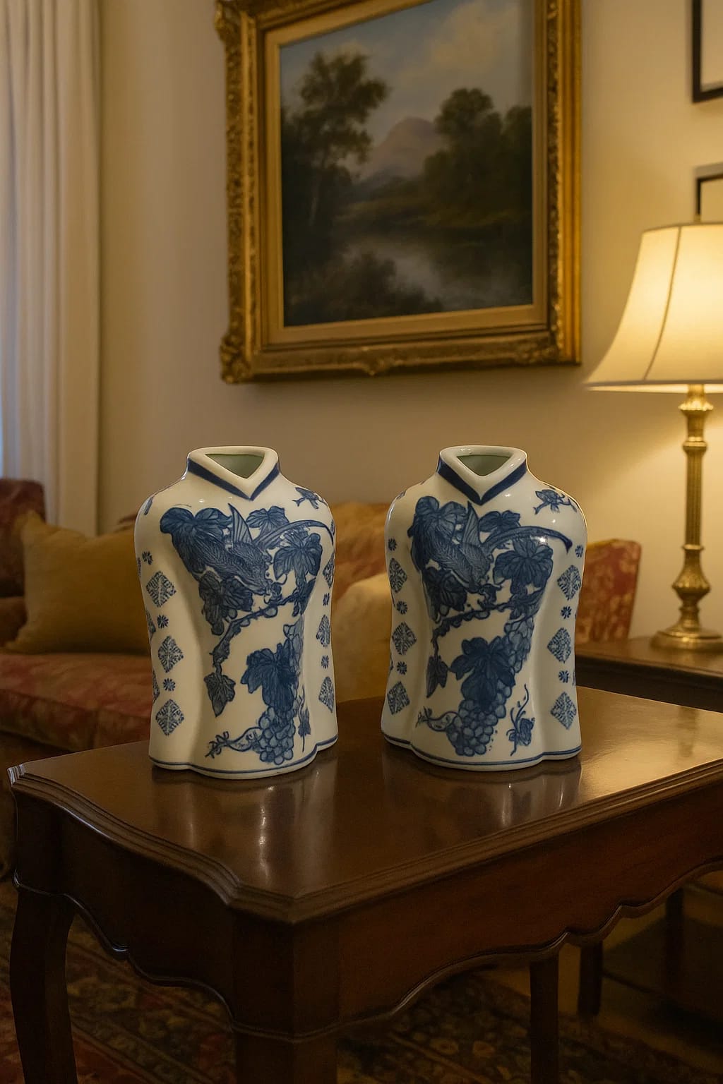 A charming blue blanc ceramic vase with a narrow neck and floral motif. A classic accent pi...
