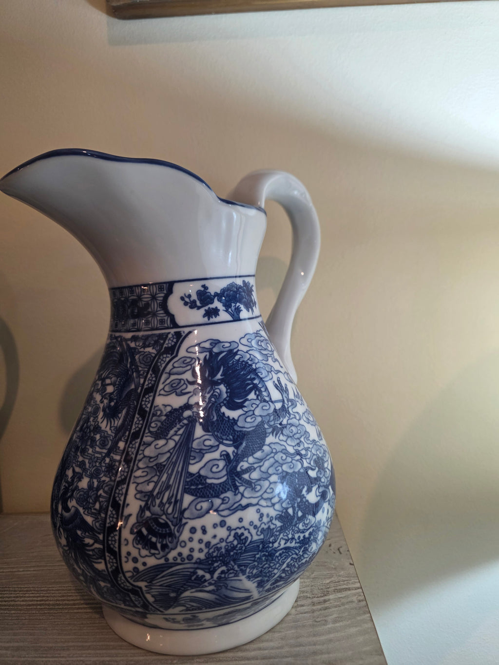 Vintage Chinoiserie Ceramic Water Jug Centerpiece – Blue & White Winged Dragon Motif with Scalloped Spout