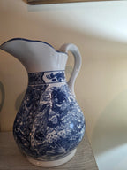 Vintage Chinoiserie Ceramic Water Jug Centerpiece – Blue & White Winged Dragon Motif with Scalloped Spout