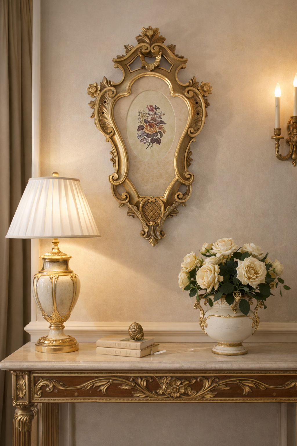 Ornate Gold-Framed Wall Plaque with Floral Center