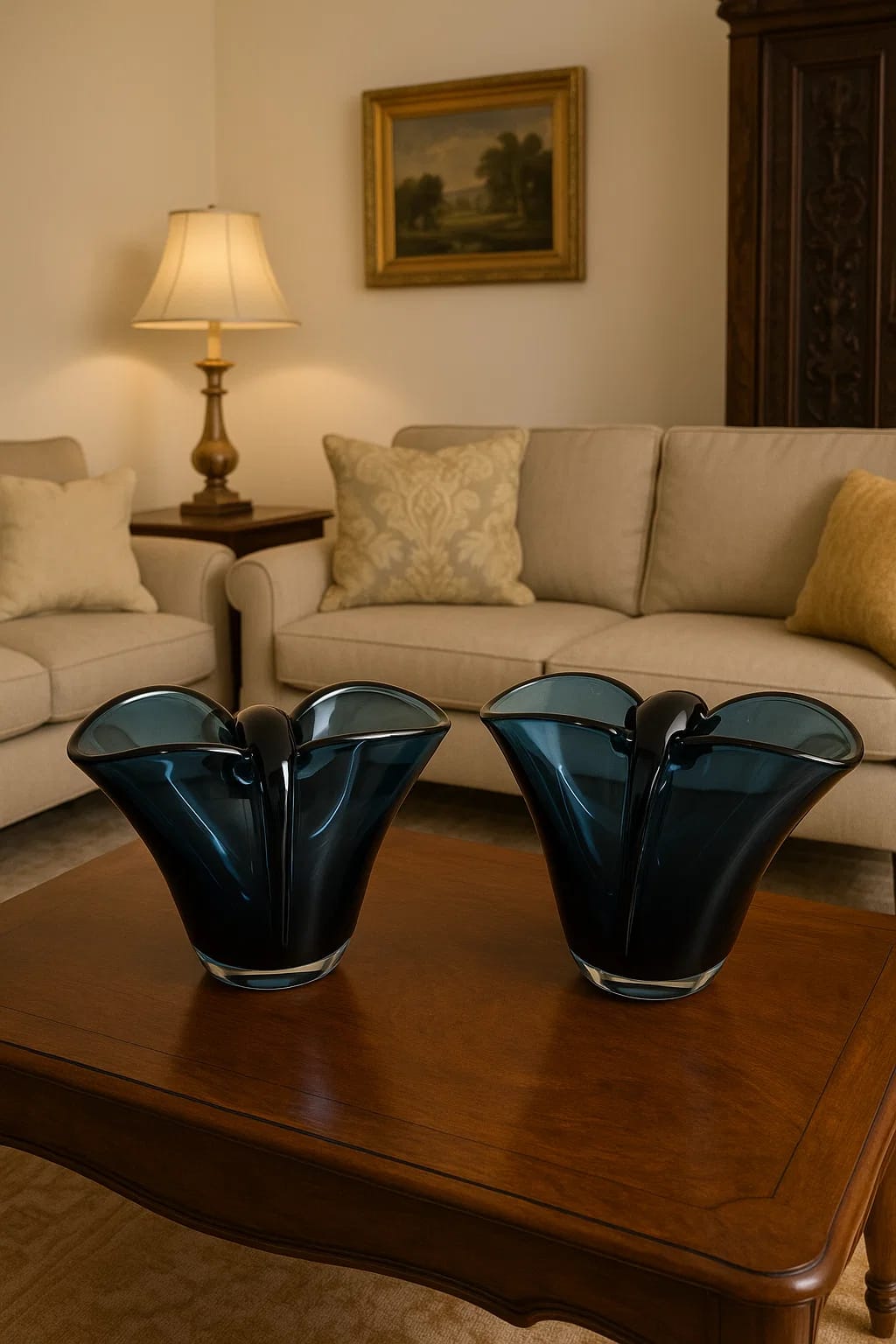 Murano glass vase in rich teal and deep blue with a swirling, sculptural form..