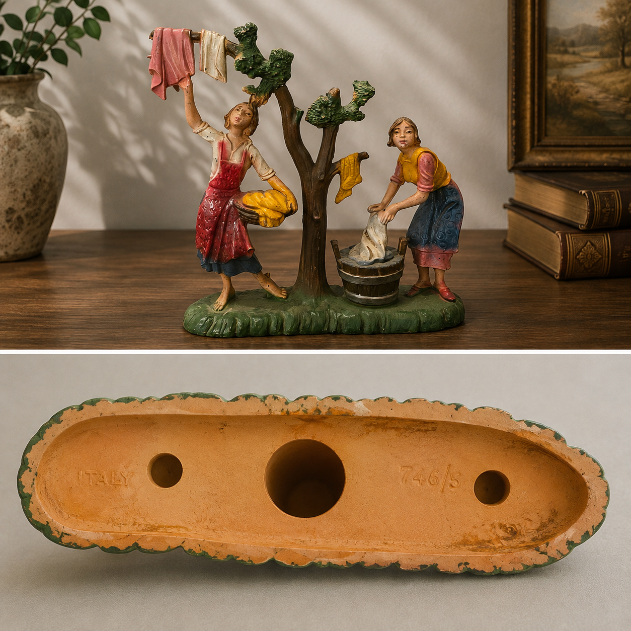 Vintage Made in Italy 749 Unbreakable Plastic Washerwomen with Tree Sculpture