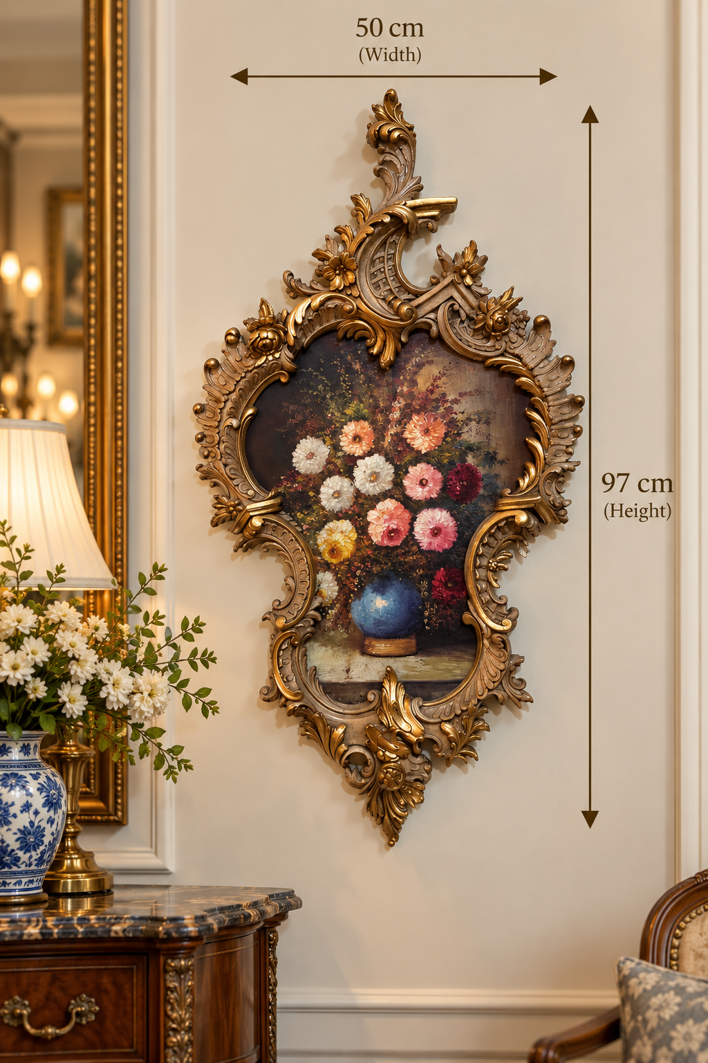 Vintage Floral Oil Painting in Ornate Carved Wooden Frame