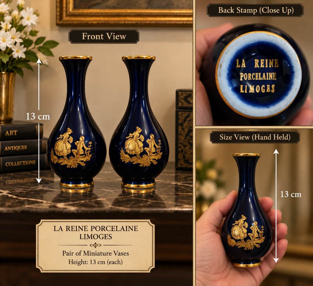 Pair of Vintage Limoges "La Reine" Cobalt Blue & 22k Gold 13cm Miniature Vases