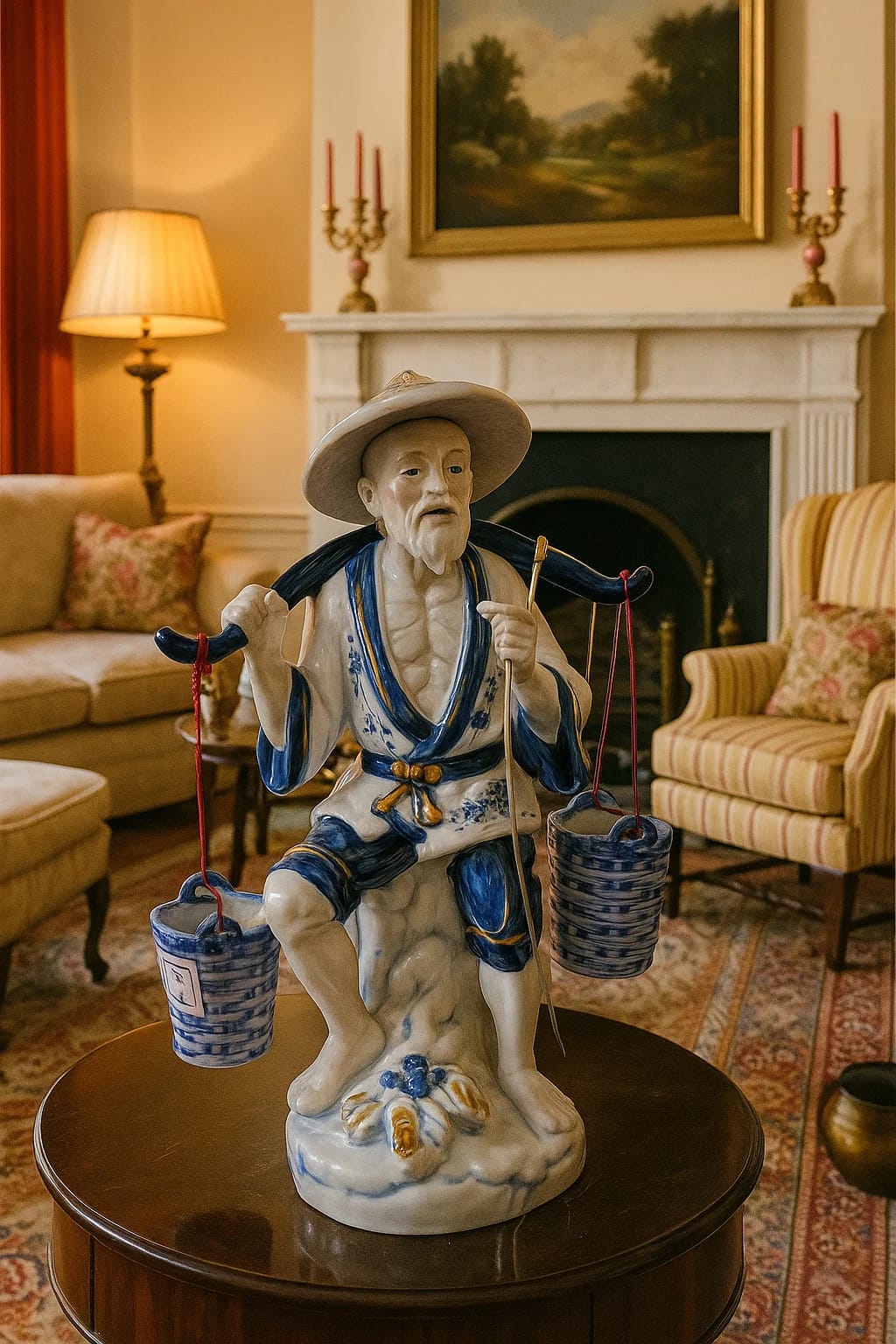 Vintage Blue & White
Hand-painted ceramic figurine of a Gold Gilt Fisherman w Buckets.
.