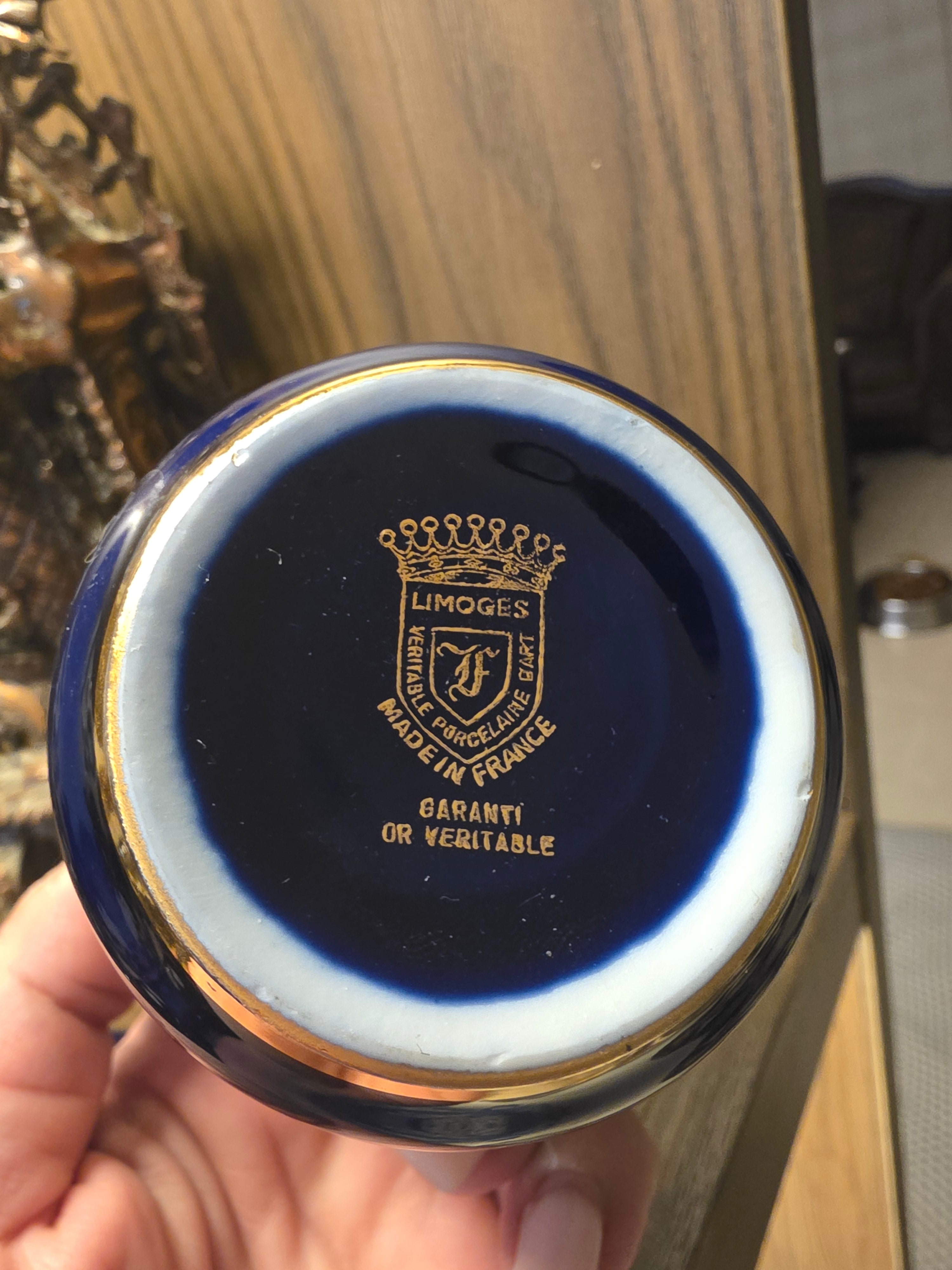 Vintage Limoges France Cobalt Blue & Real Gold Lidded Porcelain Jar - Fragonard Scene