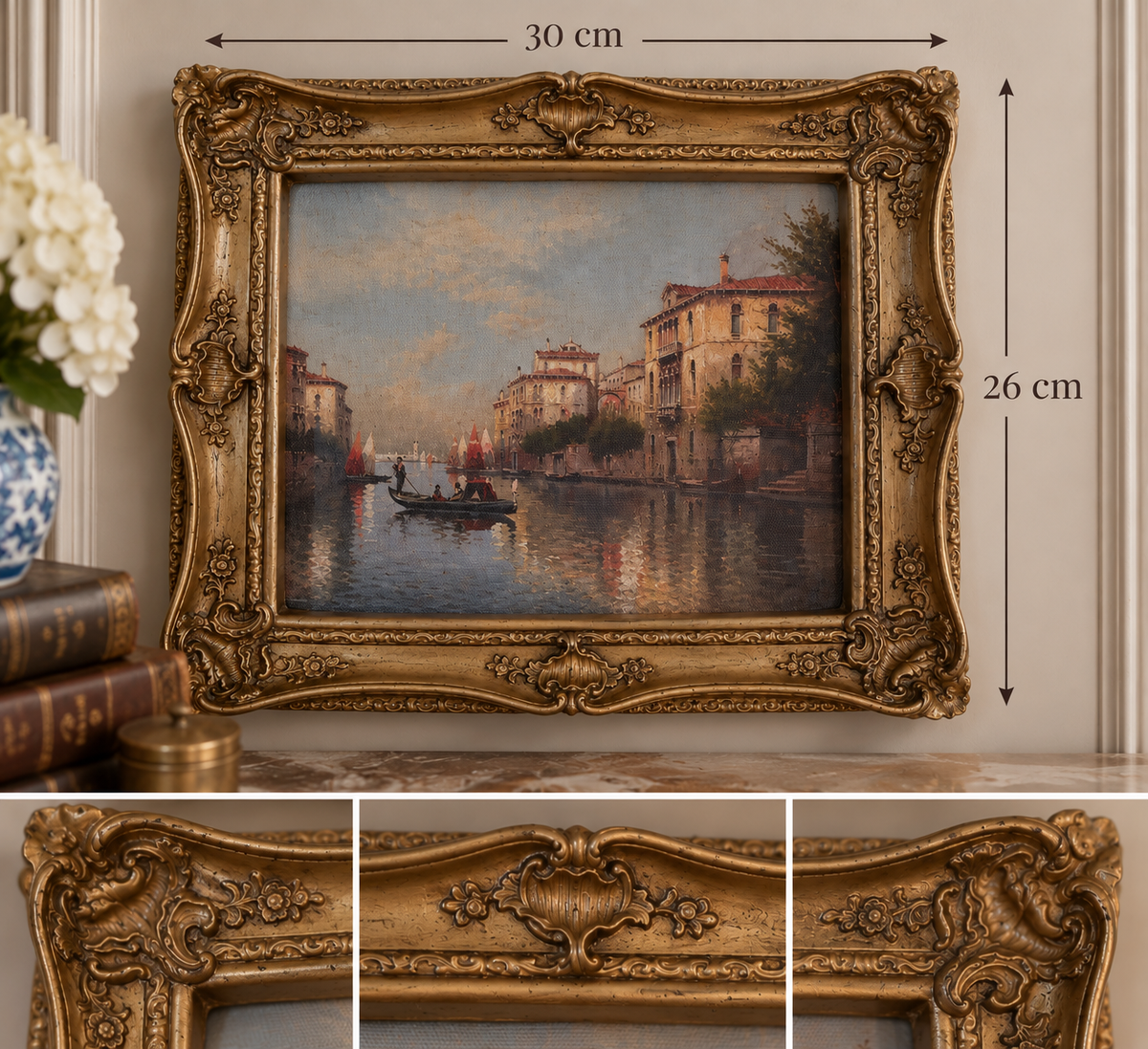 Ornate Antique-Gold Resin Frame with Venetian Canal Scene
