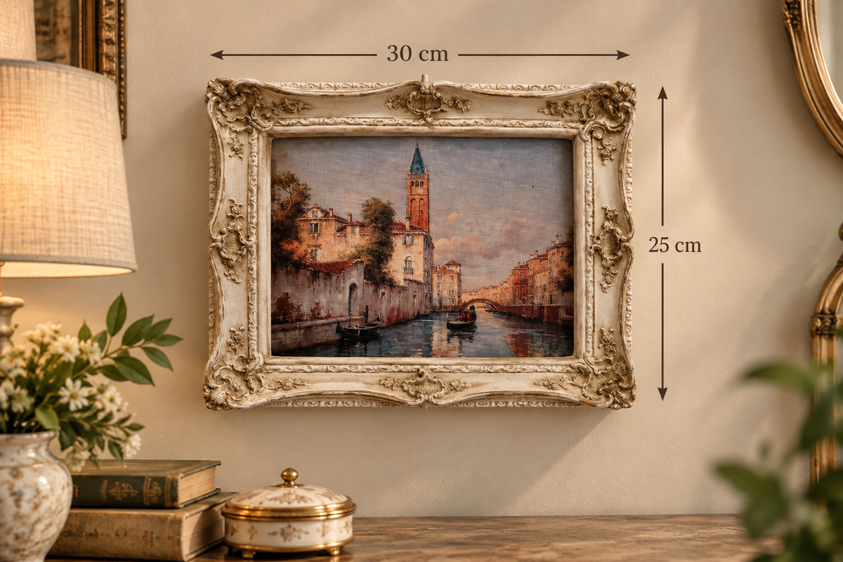 Venetian Canal Scene in Ornate Ivory Resin Frame