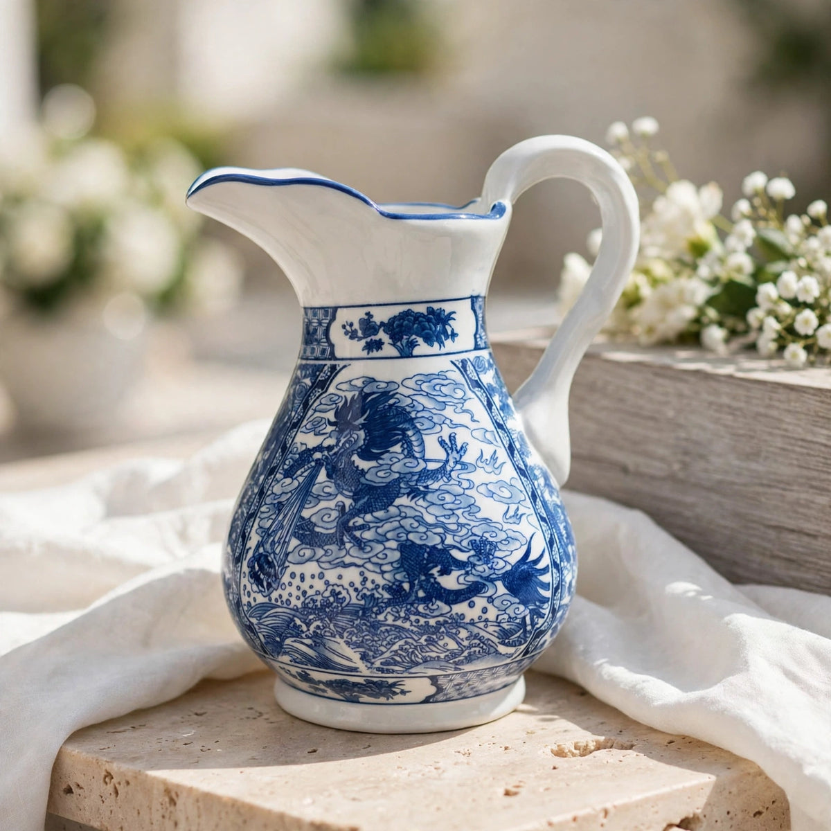 Vintage Chinoiserie Ceramic Water Jug Centerpiece – Blue & White Winged Dragon Motif with Scalloped Spout