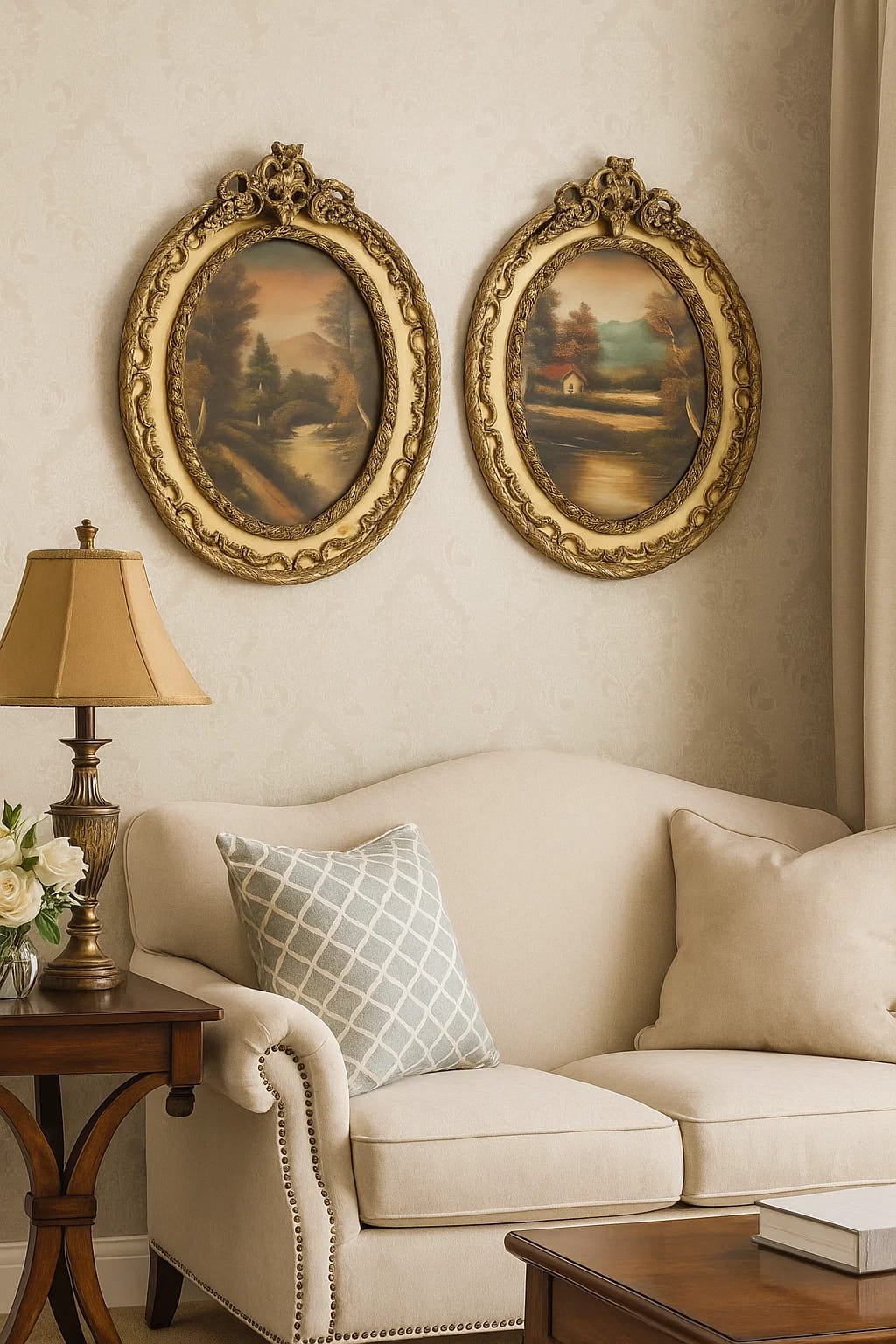A pair of ornate oval frames with vintage landscape prints. Rich gilded detailing and classi...