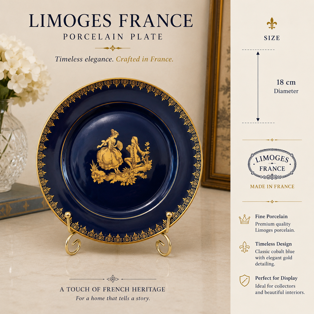 Vintage Limoges France "La Reine" Cobalt Blue & 22k Gold Courting Couple Collector Plate